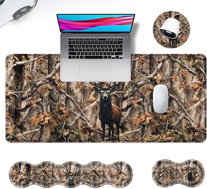 Ergonomic Mouse Pad Set with Wrist Support for Keyboard and Wrist Rest for Mouse, Memory Foam Comfort, Non-Slip Large Desk Mat for Home Office Pain Relief,Camo Forest Deer
