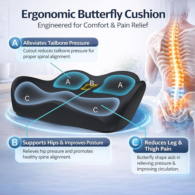 X Large Memory Foam Seat Cushion for Office Chair, High-Density Pad with Non-Slip Bottom and Adjustable Strap, Tailbone Pressure Relief for Long Sitting, Desk Work, Car, Wheelchair, Black