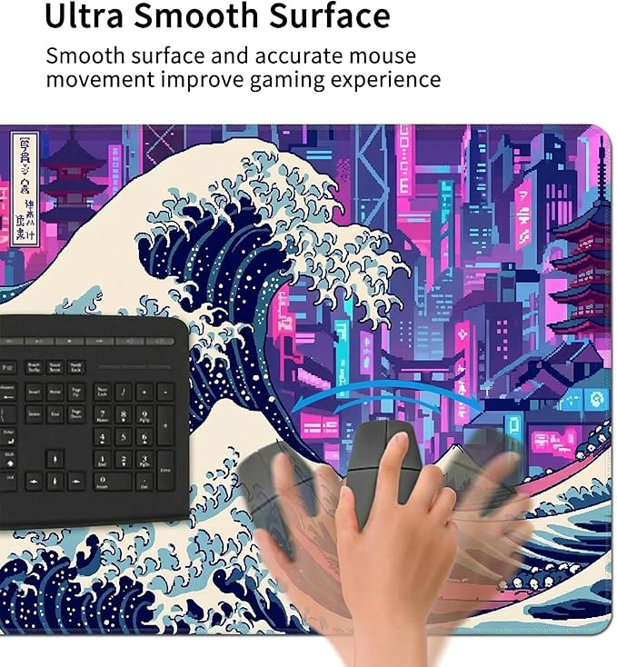 Cyberpunk Extended Mouse Pad 48x24in, Neon City Wave Gaming Desk Mat, Anti-Slip Rubber Base Mousepad for PC Gamers & Streamers