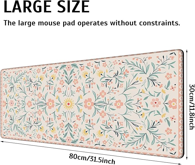 Large Gaming Mouse Pad Pink Floral Desk Mat,Non-Slip Rubber Base Stitched Edges,Extended Mousepad for PC,Laptop,Office,Home Decor(31.5 x 11.8 Inch)