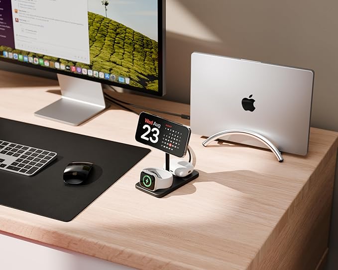 Twelve South HiRise 3 Deluxe Twelve South 3-in-1 MagSafe + Qi2 Charging Stand for iPhone, Watch, and AirPods, White