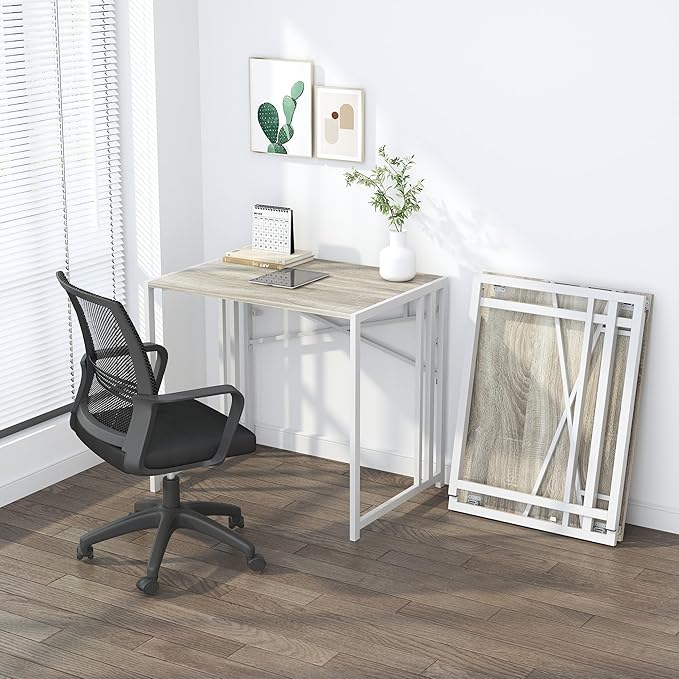 Lutown-Teen Small Folding Desk 32 inch, No Assembly Required Small Office Desk, Writing Gaming Computer Camping Desk, Beige