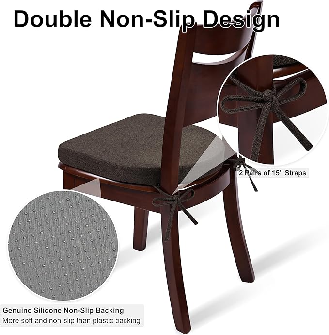 Shinnwa Dining Chair Cushions Set of 2, Non-Slip Kitchen Chair Cushions with Ties and Machine Washable Cover, 2 Pack, 17 x 16.5 x 2in, Dark Brown