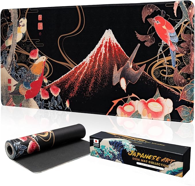 BELLEMOND Japanese Art Desk Mat | Large 31.5x11.8in Anime Mouse Pad for Keyboard & Mouse | Non-Slip Base, Water-Repellent | Original Japanese Design | Crimson Wings Over Fuji