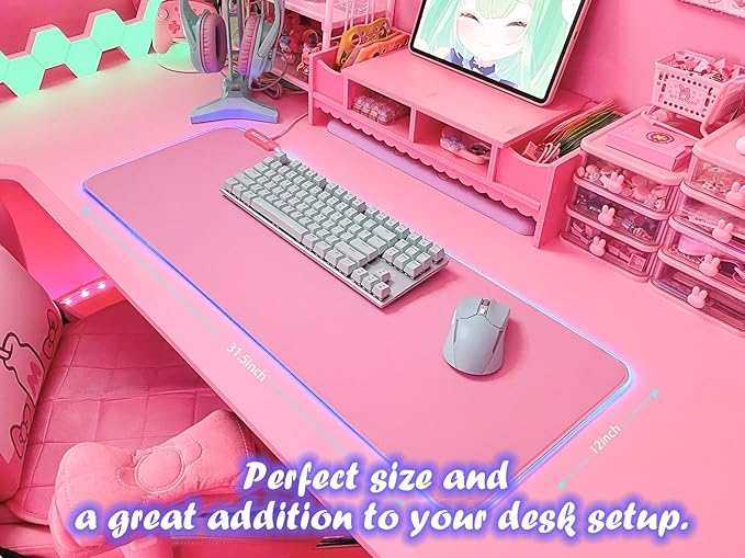 JMIYAV Pink RGB Gaming Mouse Pad 31.5x12 Inch PC XL Large Extended Glowing Led Light Up Desk Pad Non-Slip Rubber Base Computer Cute Mousepad Mat Desk Accessories Gaming Setup 31.5x12 Inch