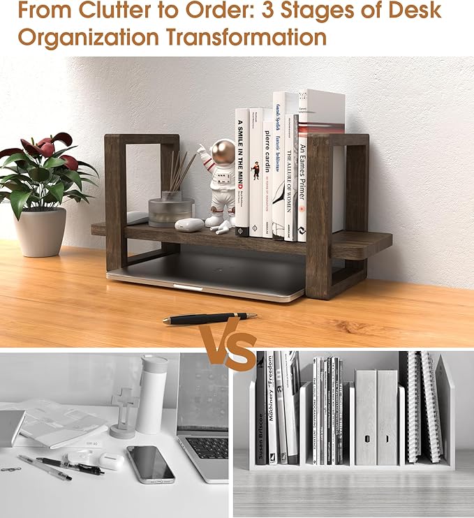 Small Bookend-Type Desktop Bookshelf – Rustic Handmade Vintage Style, Loose-Fit Reversible Organizer | Easily-Adjustable Desk Shelf for Home, Class, Dorm | Carbonzied Paulownia Solid Wood