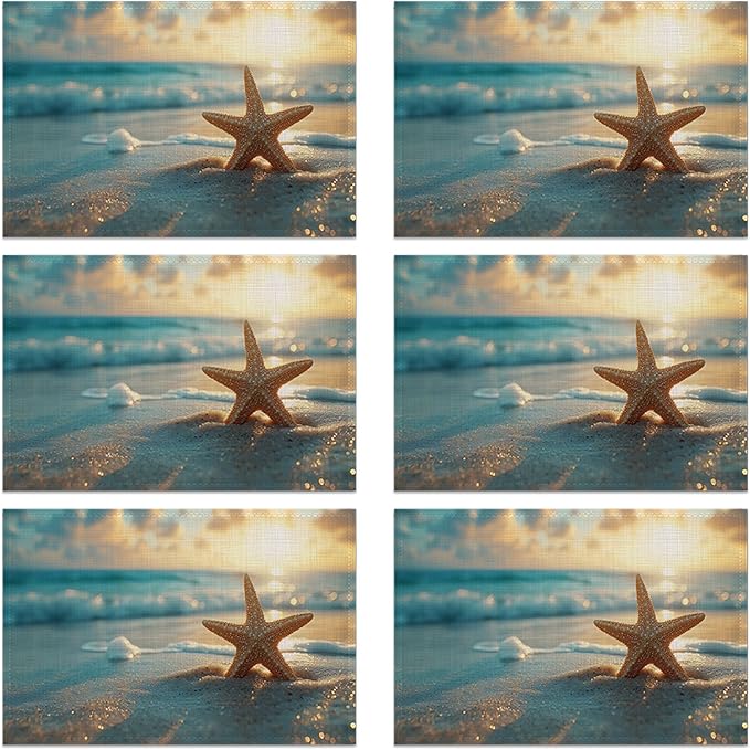 Sunrise Starfish Beach Linen Placemats Set of 6, Decorative Table Mats 12x18 Inch, Washable Heat Resistant Placemats for Dining Table Kitchen Home Decor