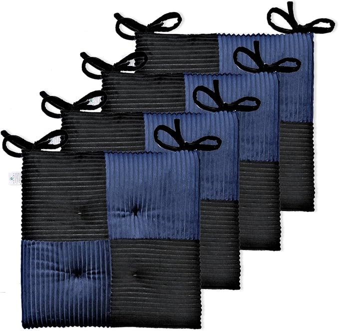 Office Stacking Chair Cushions 4 Pack, Corduroy High Density Foam Kitchen Seat Cushions with Ties, Square 17" x 17" Indoor Non-Slip Dining Chair Pads, Black+ Navy，4pcs