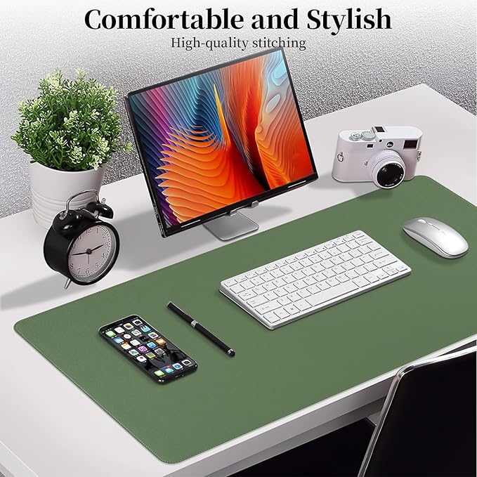 Olive Green Leather Desk Mat Large Mouse Pad, Waterproof Desk Pad for Keyboard and Mouse, Non-Slip Computer Desk Protector, Smooth Mouse Movement Desk Mat for Home and Office(31.5"×15.7")