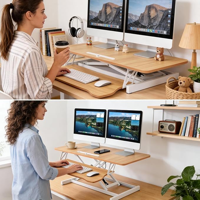 37" Height Adjustable Standing Desk Converter, Two Monitor Stable Stand up Desk Converter, 5.9"-18.8" Height Adjustable Laptop Workstation with Keyboard Tray, Desktop Riser for Home and Company