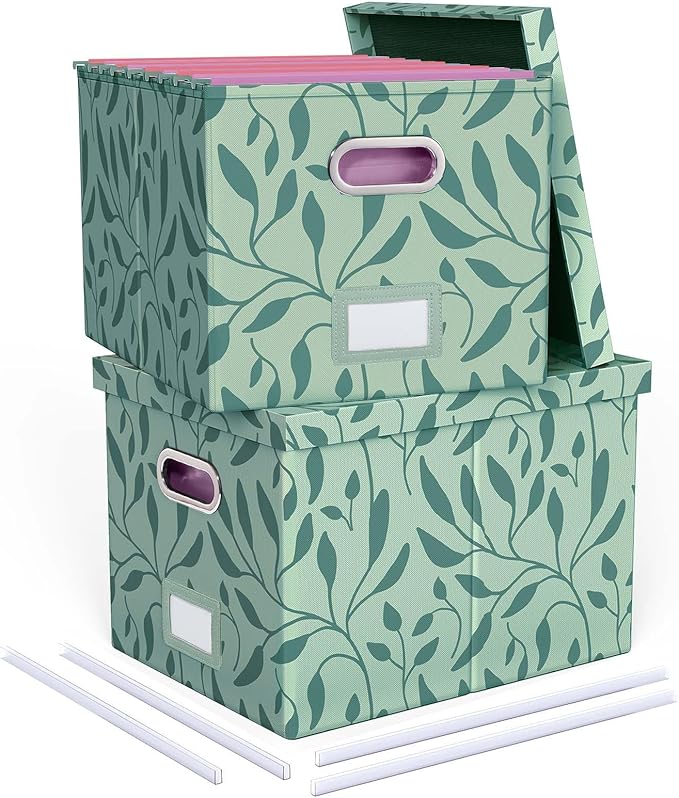Oterri 2 Pack File Storage Organizer, Document Organizer, Portable File Box with Lid, Fit for Letter/Legal File Folder Storage,Leaf Green-Box only