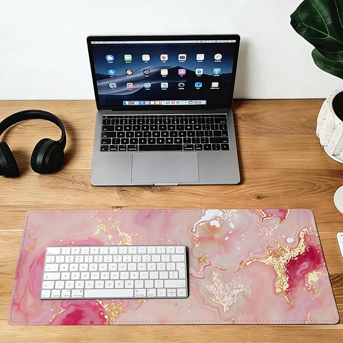 Pink Gold Marble Mouse Pad,35.4 x 15.7 Inch Large Mouse Mat Non-Slip Rubber Stitched Edges for Writing Desk,Office,Home,Laptop