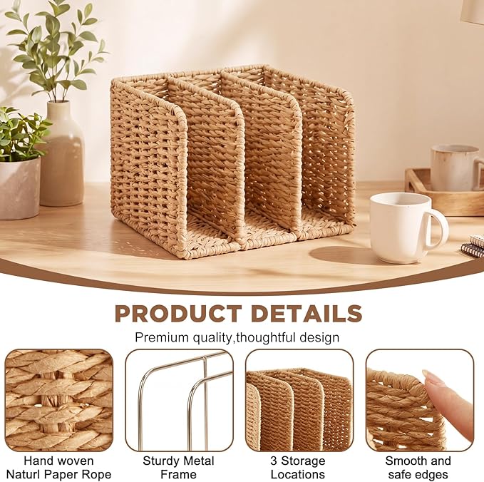 Novabright Woven File Magazine Holder Desk Organizer, 3-compartment Vertical Workspace Sorters for Magazines, Notebooks, Envelopes, Paper Rope Wicker Book & Binder Sorter for Home Office
