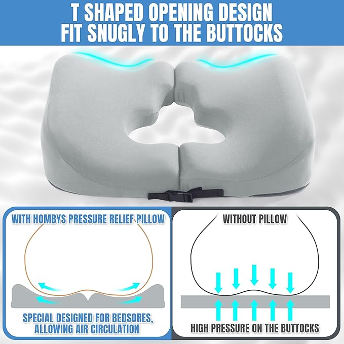 HOMBYS Memory Foam Bed Sore Cushions for Butt, Bedsore Pressure Relief Pillow for Sleeping and Sitting, Cushion for Bed Sores on Buttocks, T Shaped Opening Tailbone Pillow, Patent Pending, Light Grey