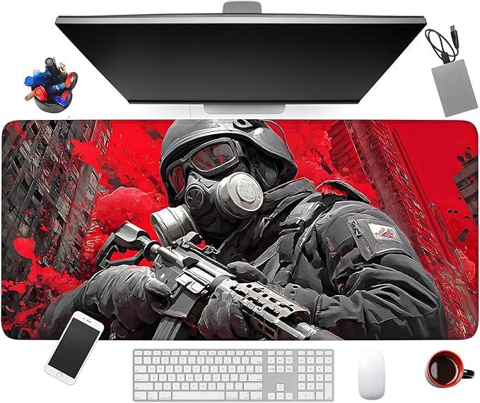 Large Extended Gaming Mouse Pad - Military Soldier Design, Soft Fabric Desk Mat with Non-Slip Rubber Base, Extra Long Mousepad for Gaming, Office, Keyboard & Mouse, 35.43 x 15.75 in