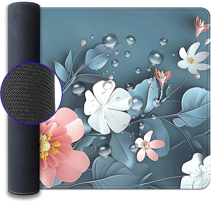 Blue Art Flowers Mouse Pad,Extended Abstract Floral Mousepad Desk Pad with Stitched Edges,Non-Slip Waterproof Rubber Base Mouse Mat for Office Computer Keyboard Laptop Home 27.5x11.8 in