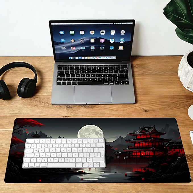 Japan Red Black Full Moon Mouse Pad,35.4 x 15.7 Inch Large Mouse Mat Non-Slip Rubber Stitched Edges for Writing Desk,Office,Home,Laptop