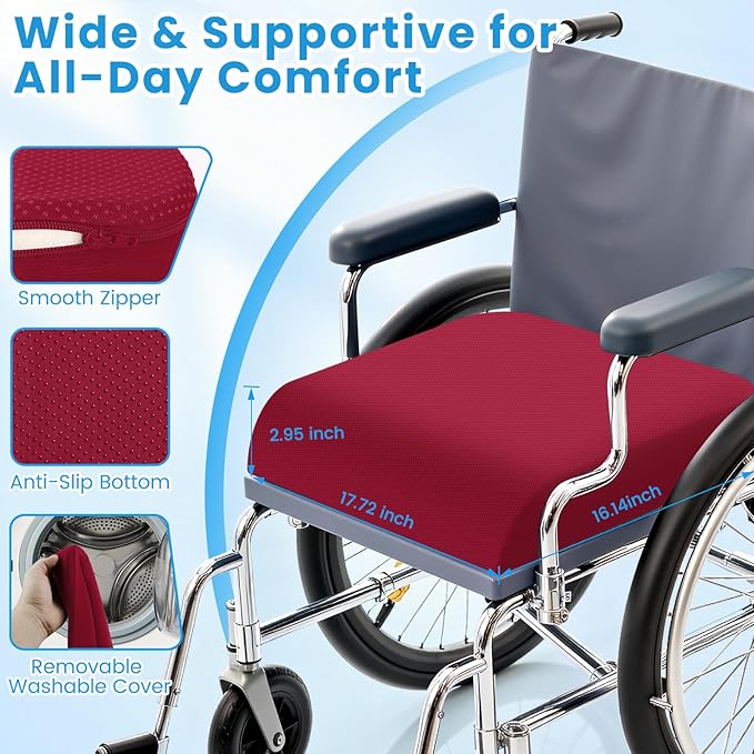 Wheelchair Seat Cushion for Pressure Relief, Cooling Gel Memory Foam Chair Cushion with Slope-Edge Design, Coccyx Support for Tailbone Pain, Non-Slip, for Wheelchairs, Office Chairs & Car Seats, Red