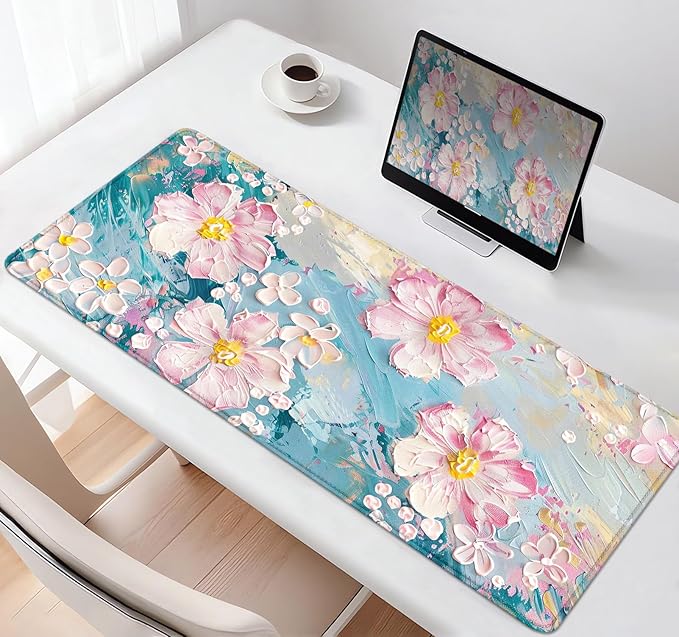 Large Mouse Pad Mousepad, Pink Flowers in a Blue Desk Mats for Desktop, Watercolor Beautiful Floral Laptop Computer Desk Pad, Non-Slip Rubber Base Desktop Mat, 31.5 x 11.8 inches