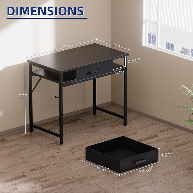Pamray 32 Inch Small Computer Desk with Drawer and Shelves Simple Study Work Table for Bedroom Grey