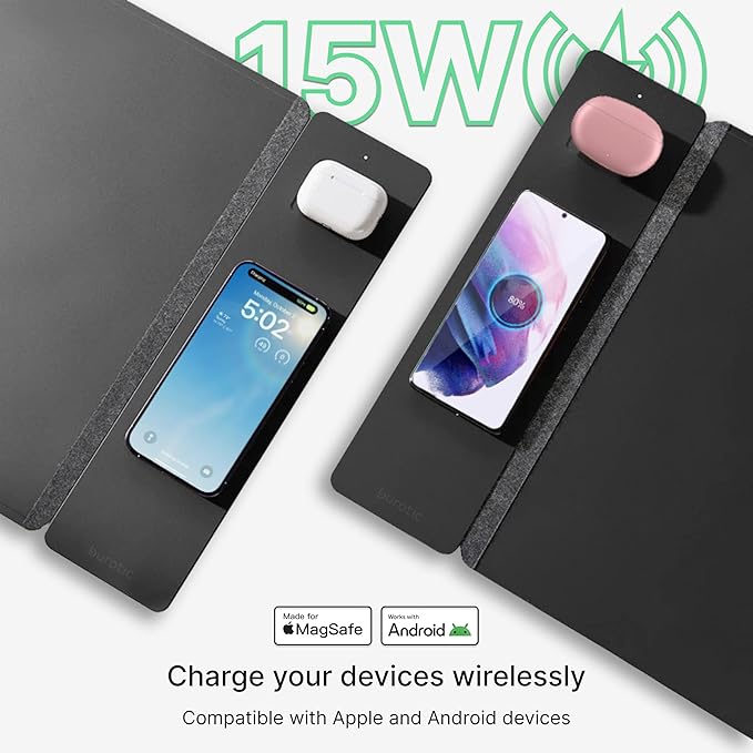 Wireless Charging Desk Pad, Large Non-Slip Reversible Felt & Vegan PU Leather Desk Mat, Waterproof, Detachable Magnetic Panel - Organize, Charge 2 Devices, Apple & Android Compatible - Black