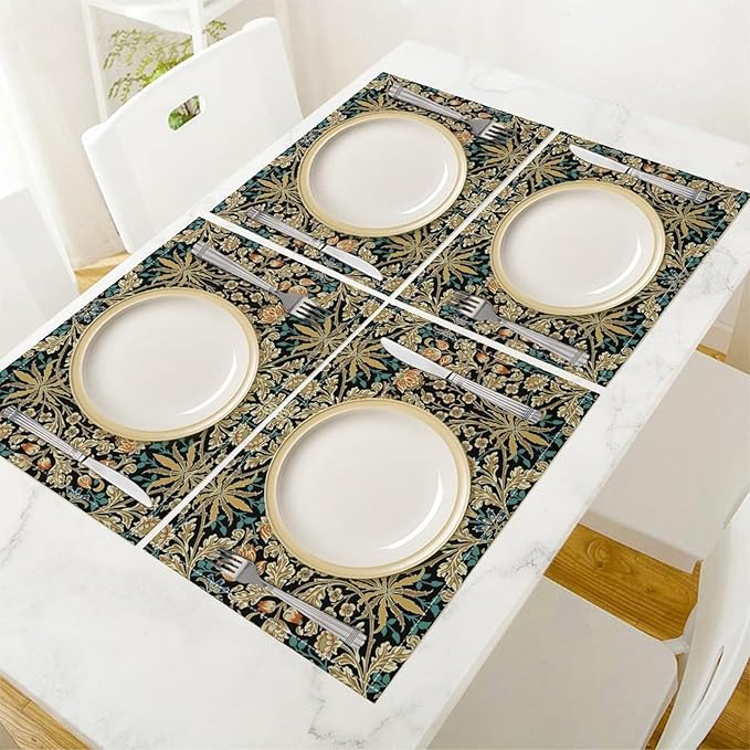 William Morris Floral Placemats Vintage Flower Art Style Boho Chic Retro Floral Linen Washable Table Mats Stain Heat-Resistant Desktop Decor Place Mats for Home Kitchen Dining Party 12x18 in 6 Pcs