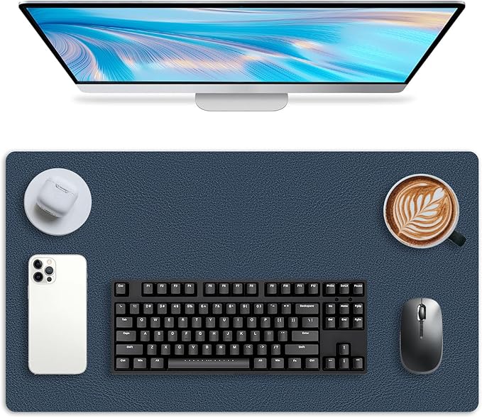 Leather Desk pad Protector, Office Mat, Large Mouse Mat, Non-Slip PU Leather Blotter, Laptop Desk Pad,Waterproof Laptop Computer Desk Keyboard Mat for Office/Work/Home/Decor (Dark Blue, 37 * 18in)
