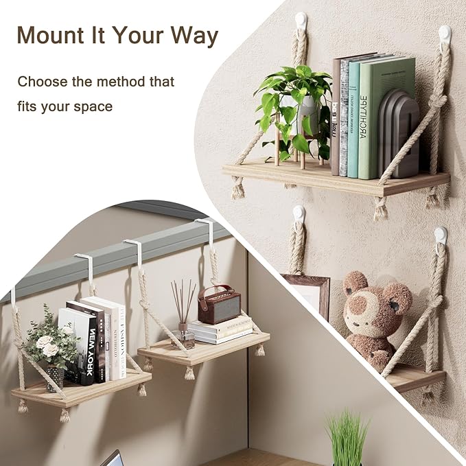 2 Pack Fabric Wall Cubicle Shelf, 11.8" Wooden Hanging Cubicle Shelf Organizer with Hooks, Dual Mounting Options, Cotton Rope Storage Shelf, No-Drill Boho Style for Office Cubicles & Desk Decor