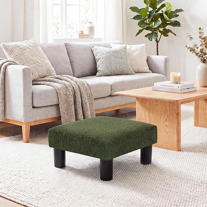Joveco Small Foot Rest Stool Ottoman, 3D Velvet Square Upholstered Footstool for Chair, Under Desk, Office, Living Room, Deep Green