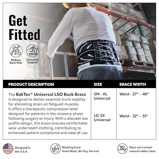 BakTec Universal LSO Lower Back Brace for Women & Men - Adjustable Lumbar Support Belt - Breathable Design Back Brace Support for Stability & Posture - Sizes L-3XL