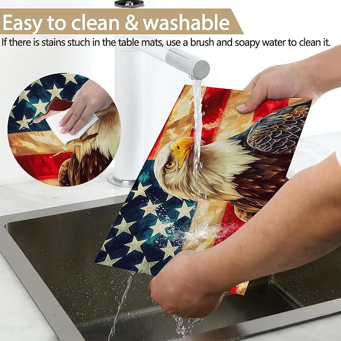 Linen Placemats Set of 6, Eagle Retro American Flag Washable Table Mats 12x18 Inch, Heat Resistant Non Slip Placemats for Dining Table Kitchen Everyday Use