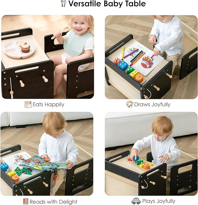 bpmfkid Montessori Weaning Table and Chair Set - Adjustable Design for Toddlers, Ideal for Mealtime, Learning, and Play, Black