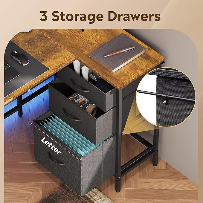 DEVAISE 48 Inch L Shaped Gaming Desk with Drawers and Storage, Corner Desk with LED Lights, Power Outlets, Computer Desk with Monitor Stand, Office Desk for Home, Rustic Brown