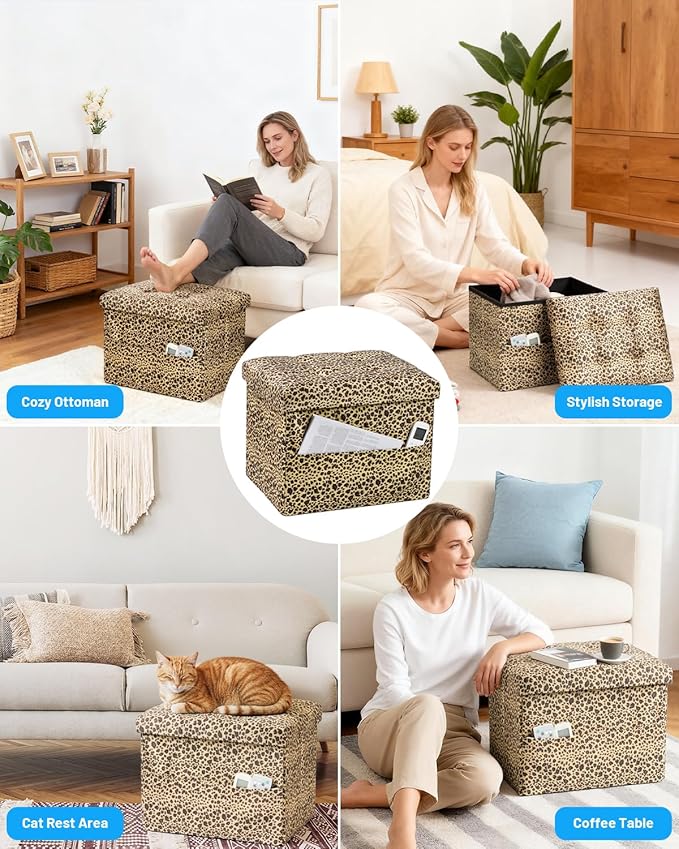 Bsketa Storage Ottoman Foot Rest Stool, Small Velvet Storage Ottomans Bench, Folding Footstool with Side Pockets, Foot Rest Under Desk for Living Room Bedroom, 17x13x13 in, Leopard Print 2 Pack