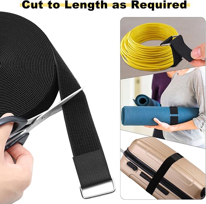 YMCRLUX 1.5"x16ft Hook and Loop Straps with 15 Metal Buckles, Adjustable Fastening Cable Straps, Cut-to-Length Cinch Strap, Reusable Nylon Securing Cord Ties for Organizer or Storage, Black