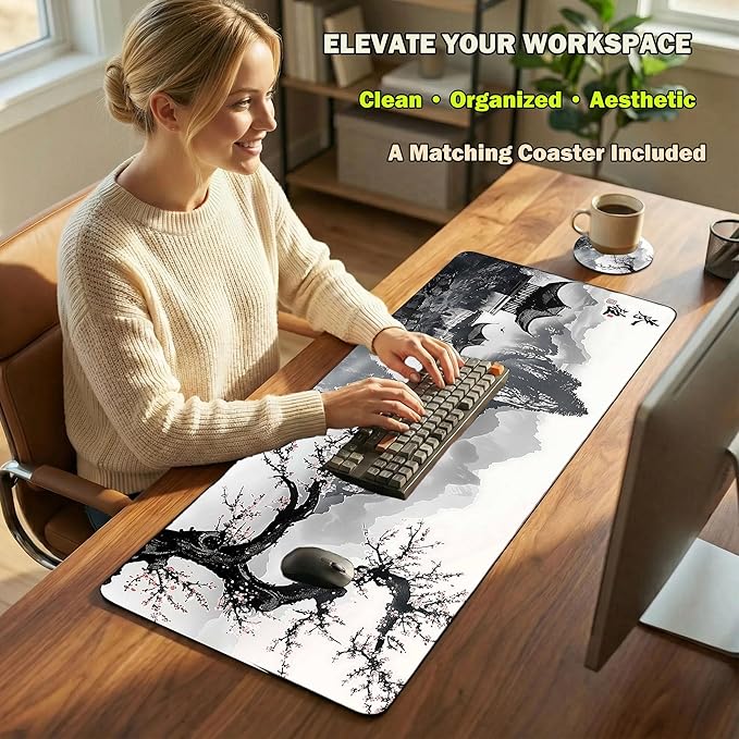 Extended Large Mouse Pad 31.5 x 11.8 Inches Premium Desk Mat Mousepad with Stitched Edges, Waterproof, Non-Slip Rubber Base for Office Home, Includes Coaster–Japanese Cherry Blossom