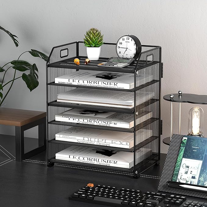 6 Trays Paper Organizer Letter Tray with Pull-Out Drawer, Assembled Mesh Desk File Holder, Metal Paper Sorter for Office Documents, Black