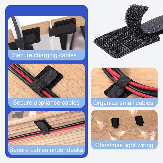100PCS Cable Management Under Desk, Hook and Loop Cable Straps Adjustable Cord Organizer for Home Office Essentials, Black Cable Ties Under Table