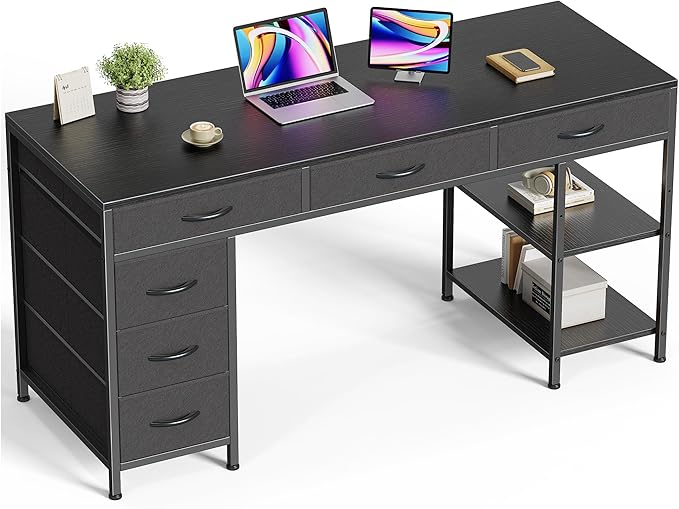 Huuger Computer Desk with 6 Drawers, Office Desk with Shelves, Reversible Gaming Desk, Corner Desk with Storage, Work for Home Office, Study, Living Room, 54inch, Black
