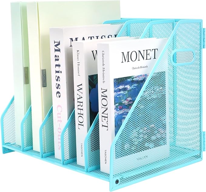 Desk Organizers Metal Magazine File Holder Racks Desktop Folder Storage Binder Organiser Document Organization for Home Office & Classroom,5 Vertical Compartments-Blue