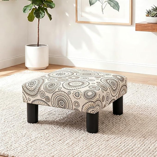 Joveco Small Foot Rest Stool Ottoman, Square Upholstered Fabric Footstool for Couch, Under Desk, Office, Living Room, Printing Beige