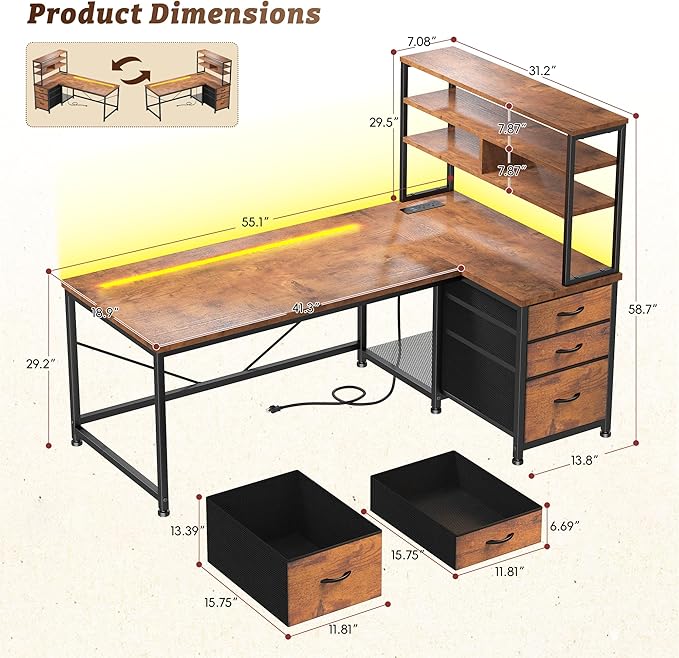 DurayLoly Office Desk with 3 Fabric Drawers & Shelf, Reversible L Shaped Desk Computer Desk with Remote LED Lights, Power Outlet for Home Office Desk, Corner Desk for Bedroom, Brown