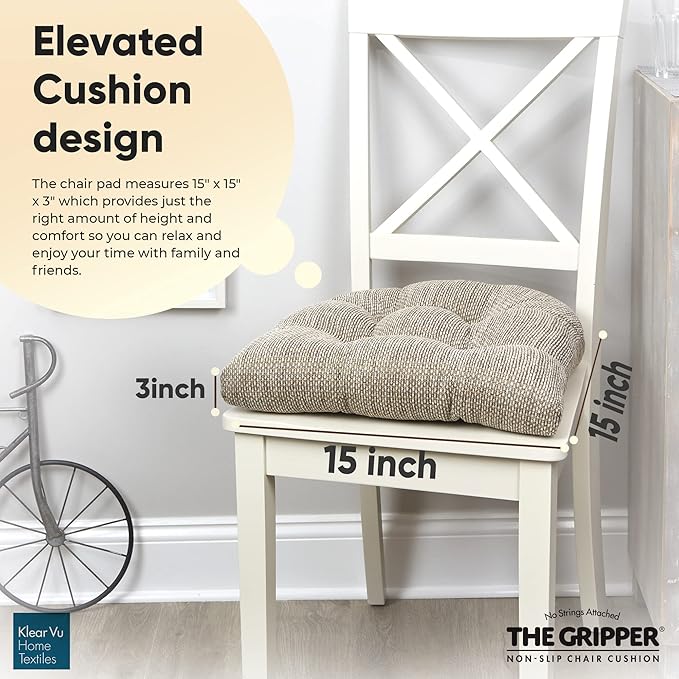 Klear Vu Gripper Overstuffed Universal Non-Slip Dining Chair Cushions for Kitchen Decor or Office Use, U-Shaped Skid-Proof Seat Pad, 15x15 Inches, 4 Count (Pack of 1), Waffle Natural
