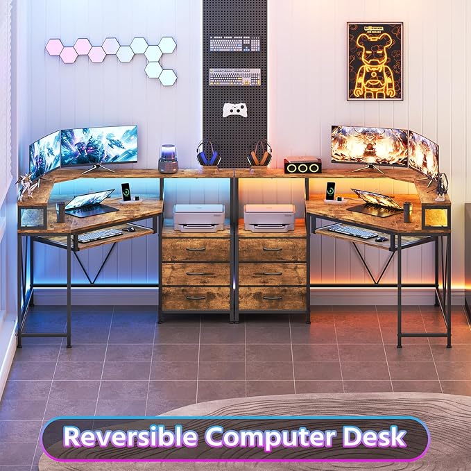 YOMILUVE Corner Desk with Power Outlets, Small Computer Desk with Drawers & Printer Shelf, Triangle Gaming Desk with LED Lights, Keyboard Tray and Monitor Stand for Small Space, Rustic Brown