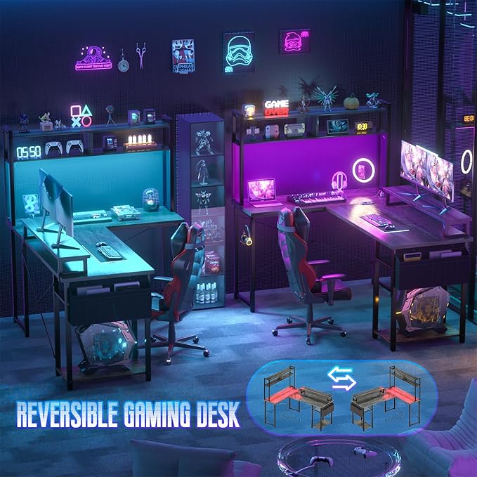 Besiost Small L Shaped Gaming Desk with Power Outlets, 48" Reversible L Shaped LED Computer Desk with Monitor Stand & Storage Shelf, Corner Gamer Desk Home Office Desk with Storage Bag, Black Oak