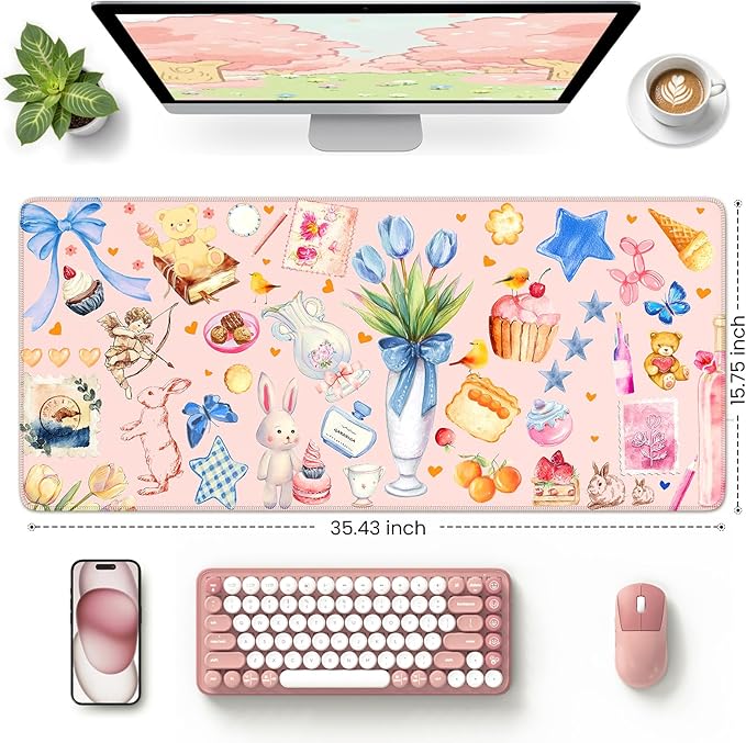 iCasso Pink Desk Mat, Cute Aesthetic Large Mouse Pad, Waterproof Keyboard Pad, Non-Slip Desk Protector with Stitched Edges for Women Home Office, Gaming, Dorm