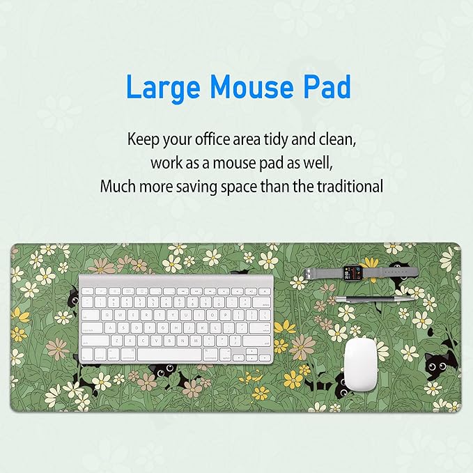 Large Green Gaming Mousepad,Cat Cute Desk Decor Mat,Kawaii Black Cat Plant Aesthetic Extended Keyboard Mouse Pad with Non-Slip Base and Stitched Edge,31.5 x 12in