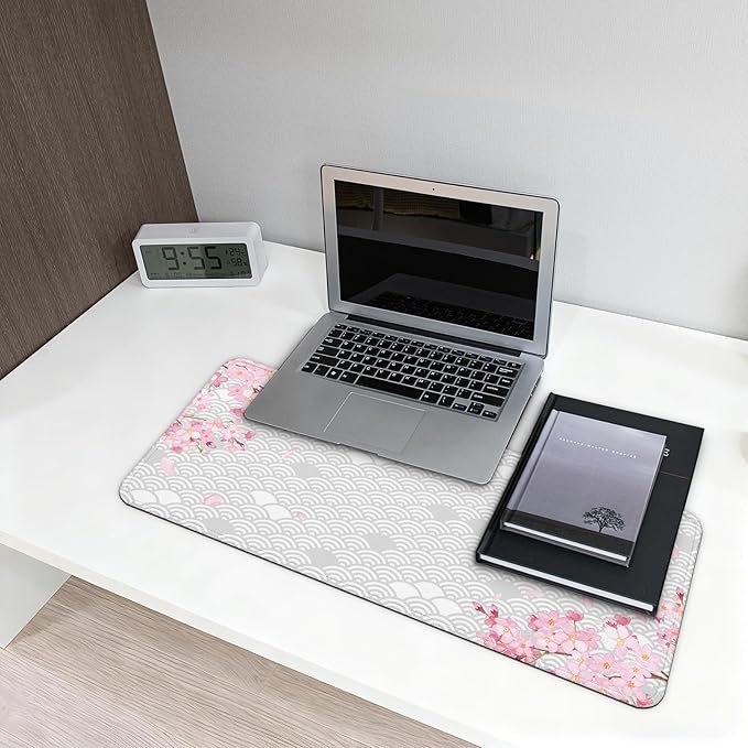 Gaming Mouse Pad with Anti-Slip Rubber Base, Extended Large Computer Mouse Mat with Stitched Edges, Long XL Anime Mousepad for Laptop and Keyboard, 31.5 x 11.8 inch (Grey Cherry Blossom)
