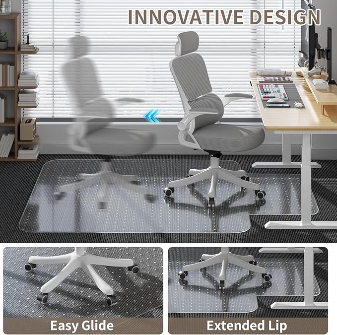 Office Chair Mat for Low Pile Carpeted Floors with Lip, 36" x 48" Plastic Floor mat for Desk Chair on Carpet,Easy Glide Carpet Protector Mat for Computer Chairs,Rolling Chairs,Home,Office Non-Slip
