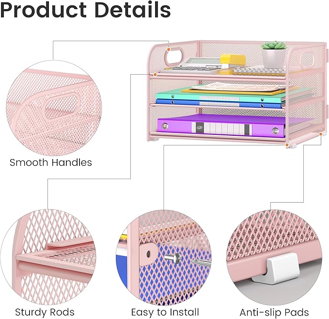Cawukege 3 Tier Paper Organizer with Handle, Metal Desk Organizer Mesh Paper Letter Tray Desktop File Folder Document Sorter for Classroom, School, Office Accessories Storage (1, Pink)